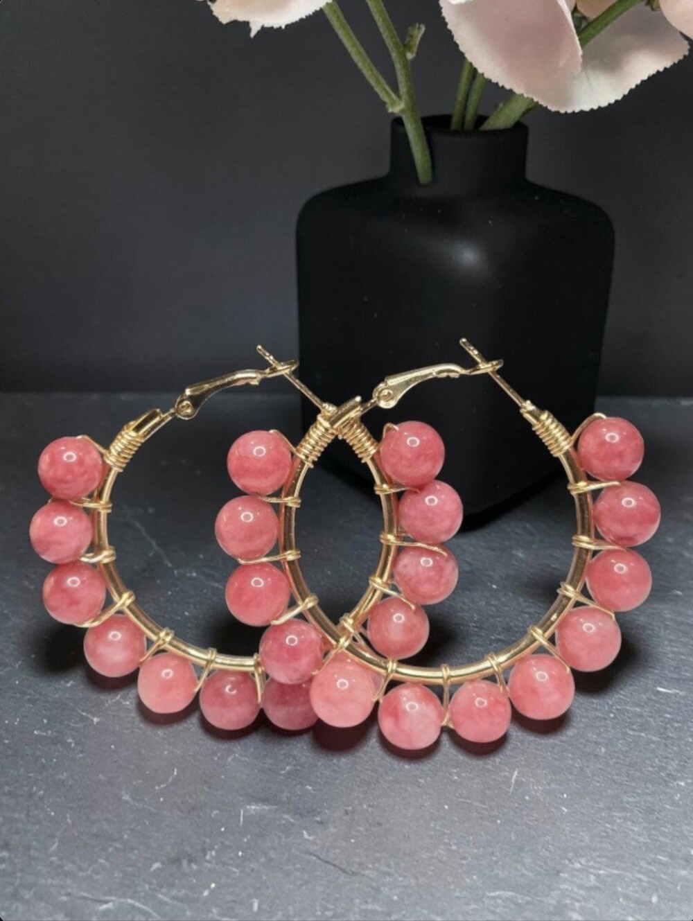 18k Gold Plated Genuine Pink Rhodochrosite 40mm Hoop Earrings